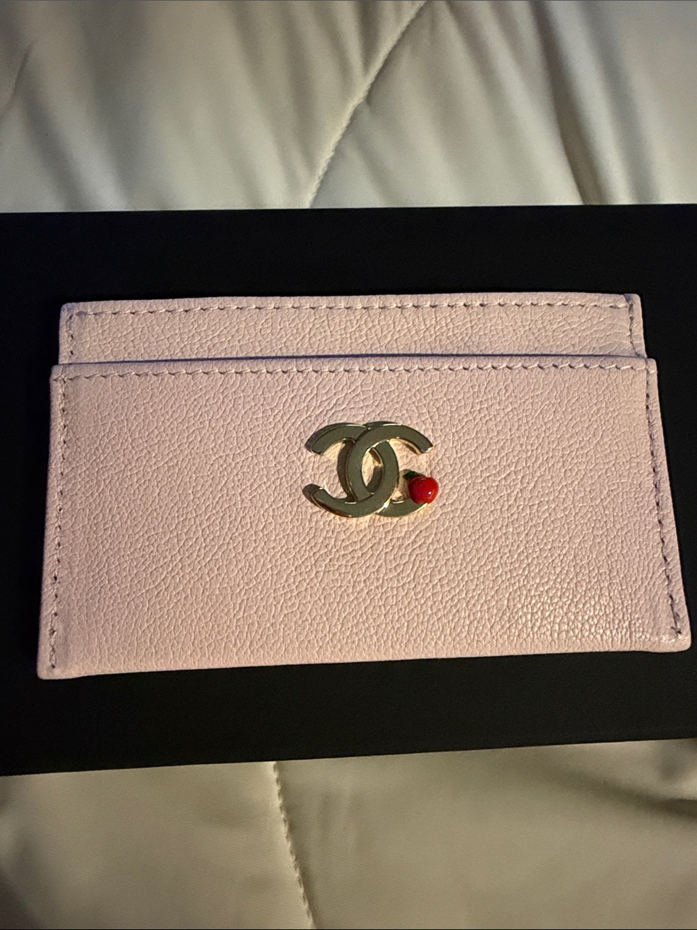 100% Authentic CHANEL Pink Card Holder with Gold CC Emblem and Apple